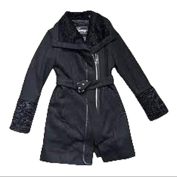 GUESS MELTON WOOL BLEND ASYMMETRICAL ZIP PEACOAT - Picture 4 of 9